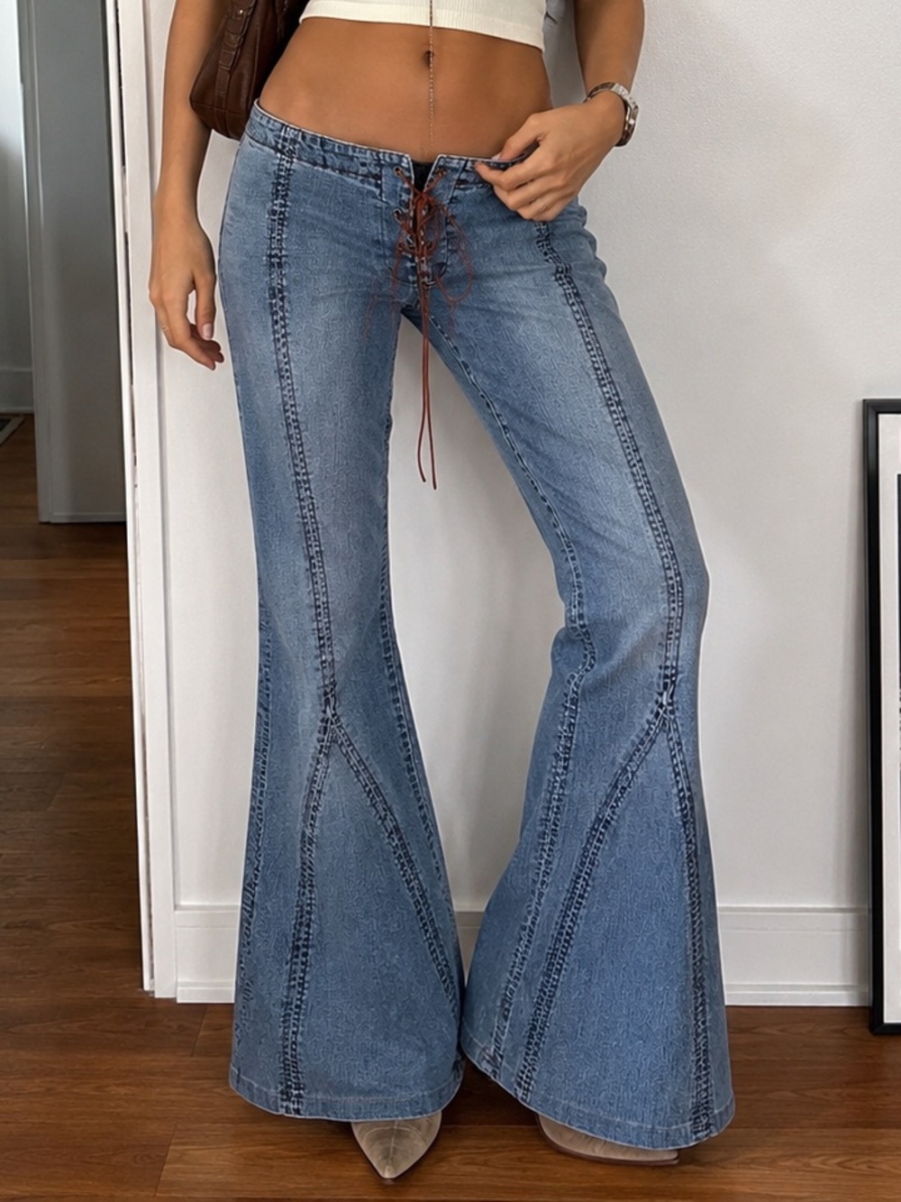 Vintage Silver Evelyn Lace Up Flare Jeans Y2K Boho Low Mid Rise 30 Waist Indie